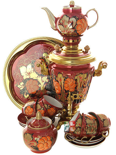 Набор самовар электрический 3 литра с художественной росписью "Грозди рябины на бордовом фоне" с чайным сервизом, арт. 160324с
