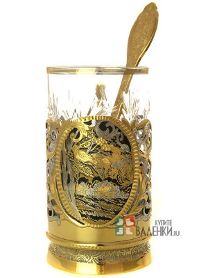 Подстаканник чайный "Снегири" с ложкой, хрустальным стаканом в подарочном футляре Златоуст