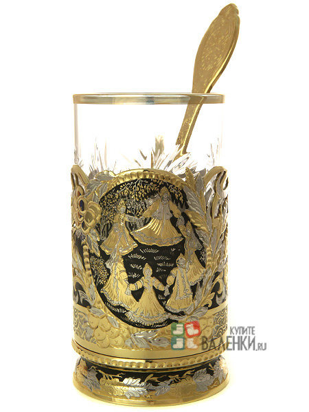 Подстаканник чайный "Хоровод" с ложкой, хрустальным стаканом в подарочном футляре Златоуст