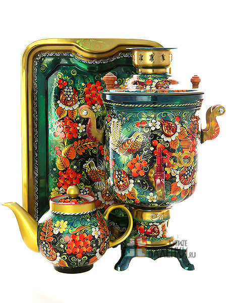Набор самовар электрический 3 литра с художественной росписью "Хохлома на зеленом фоне мелкая", арт. 130365