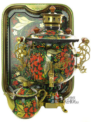 Комбинированный самовар 4,5 л шар с росписью "Хохлома классическая" в наборе с подносом и чайником