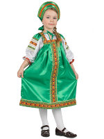Русский народный костюм "Василиса" детский зеленый атласный сарафан и блузка 1-6 лет