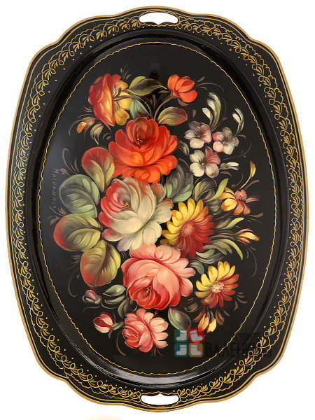 Поднос с художественной росписью "Цветы на черном фоне", овал с фигурным краем, арт. 9005