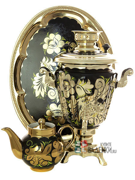 Самовар электрический 3 литра с чайником и подносом роспись "Золотые цветы на черном фоне" с автоотключением арт. 161656а