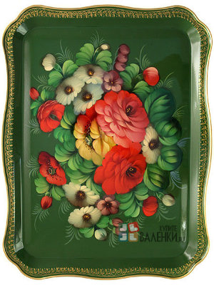 Поднос с художественной росписью "Букет на зеленом фоне", прямоугольный, арт. 2422