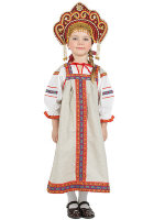 Русский народный костюм "Забава" детский льняной бежевый сарафан и блузка 7-12 лет