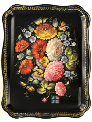 Поднос с художественной росписью "Букет на черном", прямоугольный, арт. 5052