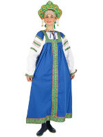 Русский народный костюм "Забава" женский льняной синий сарафан и блузка XL-XXXL