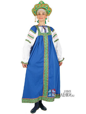 Русский народный костюм "Забава" женский льняной синий сарафан и блузка XS-L