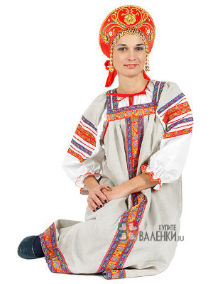 Русский народный костюм "Забава" льняной комплект бежевый сарафан и блузка XS-L