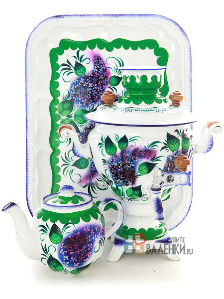 Набор самовар электрический 2 литра с чайником с художественной росписью "Сирень на белом фоне", арт. 110327