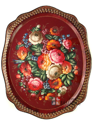 Поднос с художественной росписью "Цветы на бордовом фоне", арт. 2043
